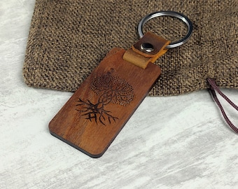 Celtic Wooden Keychain,Celtic Tree of Life Engraved Key Ring, Handmade Leather Custom Key Tag