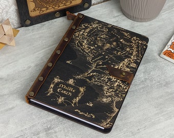 Agenda personnalisé A5 avec monogramme, journal enveloppé en bois et cuir, carnet carte Le Seigneur des anneaux de la Terre du Milieu