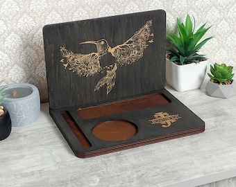 Personalized Book Holder: Engraved Wooden Book Stand, Drink & Glasses Slots
