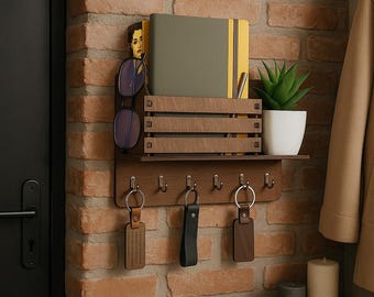 May include: A wooden wall-mounted organizer with a shelf, key hooks, and a small crate. It holds a notebook, a pen, and a potted succulent. Keychains hang from the hooks. The organizer is mounted on a brick wall.