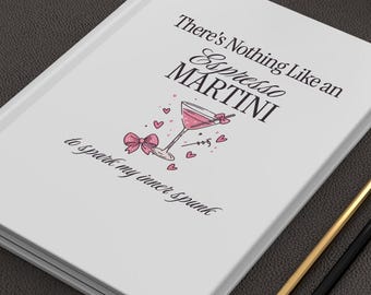 Cuaderno ilustrado de Espresso Martini, tapa dura mate, diseño gráfico de Martini, ilustración de cóctel, arte de Pink Martini, diario.