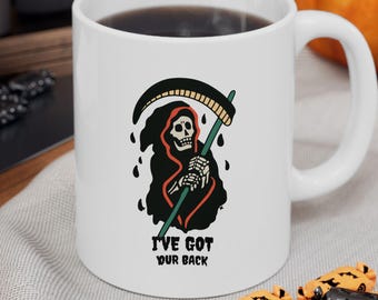 Grim Reaper Halloween Mug - Ceramic Coffee Cup, Spooky Tea Mug, Halloween Decor, Halloween Gift, Halloween Party Favor, Grim Reaper Kitchen