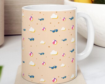 Taza de cerámica Summer Vibes, 11 oz, 15 oz - Taza de café de playa tropical, Vaso de verano con palmeras, Regalo para amantes de la playa, Recuerdo de vacaciones,