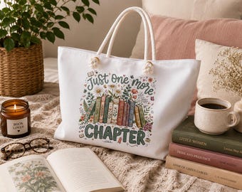 Book Lover Tote | Just One More Chapter floral stack of books Weekender Bag | Future Bestselling Author | Author Gift | Creative Writing