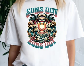 Suns Out Buns Out Summer Vibe Unisex zwaar katoenen T-shirt, strandkleding, vakantieshirt, leuk cadeau voor zonaanbidders, voorjaarsvakantie T-shirt, zomervakantie