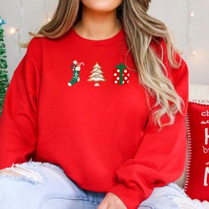 Christmas Stocking and Tree Design Crewneck Sweatshirt, Holiday Gift shirt, Xmas Sweater, Festive Pullover, Winter Apparel, Holiday