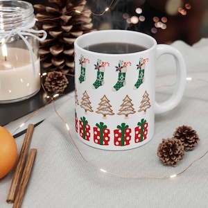 Christmas Mug 11oz with Gift, Stocking, and Christmas Tree, Holiday Coffee Cup, Festive Tea Mug, Winter Hot Cocoa Mug, Christmas Gift Mug,