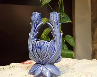 Vintage Blue Coronet Ceramic 3 Tulip Shaped Bud Candlestick Holder