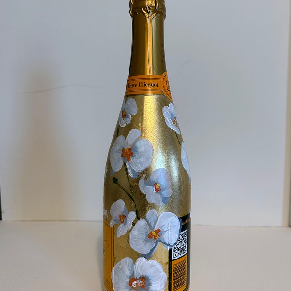 Hand Painted Custom Gold Leaf Base Champagne Bottle, Congratulatory Gift, Wedding, Anniversary, Birthday