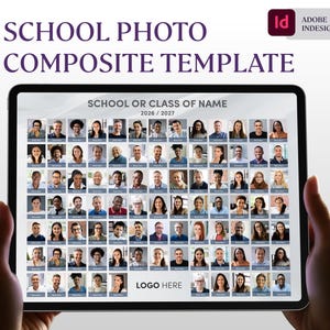 May include: A digital school photo composite template displayed on a tablet screen. The layout features a grid of individual headshots, the text SCHOOL OR CLASS OF NAME, 2026 / 2027, and a placeholder for a logo. The Adobe InDesign logo is visible.