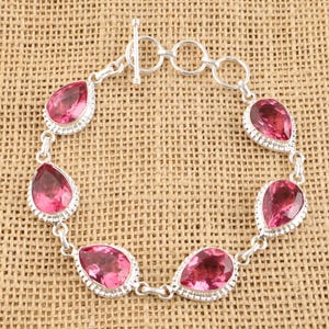 Statement Pink Tourmaline Bezel Set Chain Bracelet, 925 Sterling Silver Bracelet 8 inch, Bracelet For Women, Tourmaline Gemstone Jewelry Gift