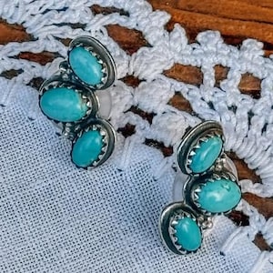 Genuine Turquoise Studs - 925 Sterling Silver Studs - 3 Stone Cluster Studs Oval Shaped Turquoise Studs - Turquoise Statement Studs
