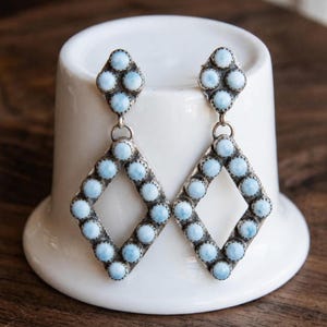 Larimar Earrings 925 Sterling Silver, Floral Blue Gemstone Earrings, Handmade Statement Studs, Ocean Inspired Gift for Mom