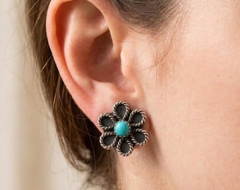 Genuine Turquoise Studs - 925 Sterling Silver Studs - Stone Cluster Studs Round Shaped Turquoise Studs - Turquoise Statement Studs