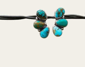 Genuine Turquoise Studs - 925 Sterling Silver Studs - 3 Stone Cluster Studs Pear Shaped Turquoise Studs - Turquoise Statement Studs