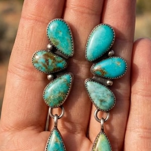Turquoise Dangle Earrings Handmade Sterling Silver Drop Earrings, Southwestern Boho Jewelry, Western Statement Gift for Her