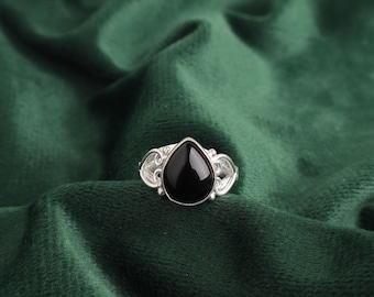 Dainty Black Tourmaline Ring, 925 Sterling Silver Filled, Pear Shape, Sterling Silver, Crystal Ring, Bar Ring, Empath Protection Ring