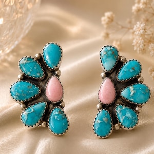 Kingman Mohave Turquoise & Pink Opal Cluster Studs, Genuine Turquoise Studs Earrings, 925 Sterling Silver Earrings Handmade Jewelry