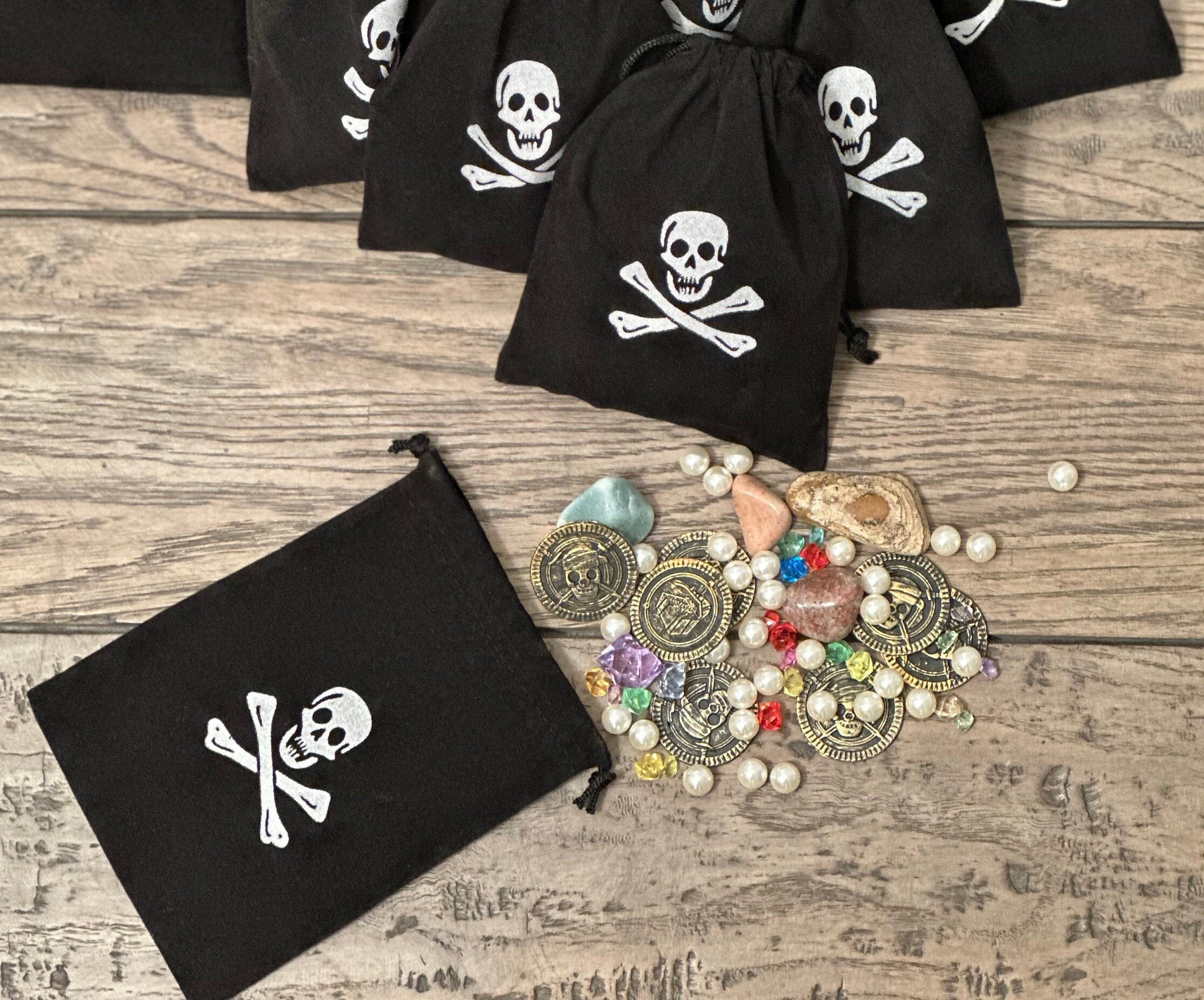 Bag Of Pirate Treasure With Plastic Coins, Faux Gemstones and Faux Pearls!