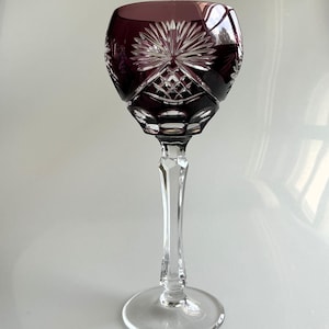 Vintage Ruby Red Wine Glass Goblet Cut-To-Clear Star Pinwheel Pattern