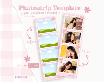 Pink Checkered Coquette Photobooth Template, Custom Photobooth Photo Strip, Printable Scrapbook Photos, Editable Canva Template
