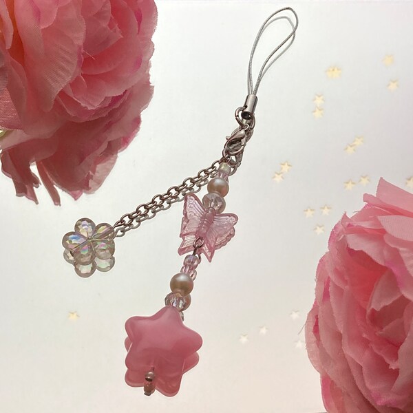 Pastel Star Phone Charm Strap - Cute Beaded Cellphone Strap Kawaii Butterfly Keychain Flower Charm Pink Phone Chain Purple Bag Accessory