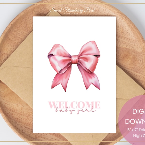 Girl Baby Shower Card, Printable Card, Pink Bow, Baby Shower Card Printable, Welcome Baby, Christmas Baby Shower, Digital DOWNLOAD#J8