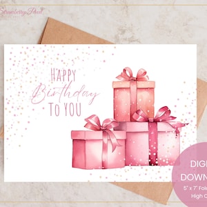 Happy Birthday Card, Printable Happy Birthday Card, Pink Birthday Card, Printable Greeting Card, Pink Birthday Presents, DigitalDOWNLOAD#J15