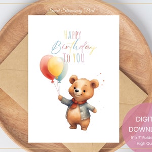 Verjaardagskaart teddybeer, gelukkige verjaardagskaart, verjaardagskaart voor kinderen, afdrukbare gelukkige verjaardagskaart, wenskaarten, digitale DOWNLOAD #J17