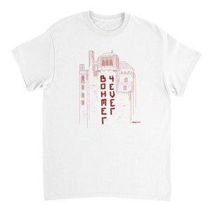 May include: White t-shirt with a red line drawing of a building and the text "4 EVER BOHMEEL" printed vertically.