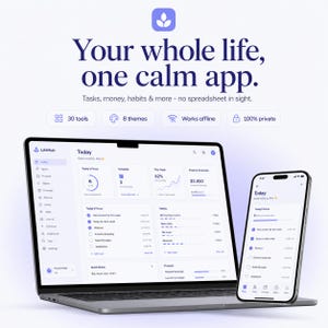 May include: A laptop and smartphone displaying the LifeHub app interface. The screen shows a dashboard with tasks, finance overview, and habits. Text reads: Your whole life, one calm app. Tasks, money, habits & more - no spreadsheet in sight.
