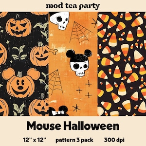 Puede incluir: Tres patrones de papel digital con temática de Halloween con un toque de Mickey Mouse. Los patrones incluyen un diseño de calabaza y hojas en negro y naranja, un patrón naranja brillante con un Mickey Mouse con calavera y huesos cruzados, y un patrón de maíz dulce negro y naranja.