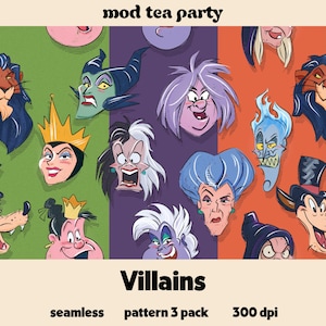 May include: Seamless pattern featuring cartoon illustrations of various villains. The design includes characters with diverse facial expressions and colors, set against a backdrop of green, purple, and orange stripes. The text "Villains" is displayed below the pattern.