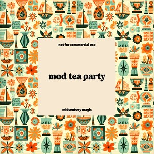 Pode incluir: Uma ilustra&ccedil;&atilde;o de estilo retro com um padr&atilde;o repetitivo de plantas estilizadas, formas geom&eacute;tricas e designs abstratos em tons de laranja, verde e azul. O texto "mod tea party" e "midcentury magic" &eacute; apresentado no centro da imagem.