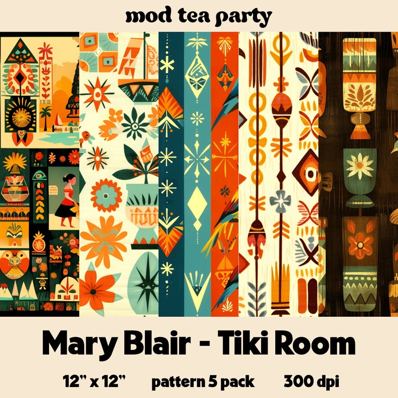 Pode incluir: Cinco padr&otilde;es de papel digital de 30,5 cm por 30,5 cm com um tema retro de sala tiki com formas geom&eacute;tricas, flores e p&aacute;ssaros em uma paleta de cores vibrantes de laranja, amarelo, azul, verde e marrom. O texto "Mary Blair - Tiki Room" est&aacute; na parte inferior da imagem.