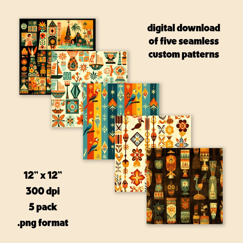 Pode incluir: Cinco padr&otilde;es de download digital em estilo retro com um tema tropical. Os padr&otilde;es apresentam formas geom&eacute;tricas, p&aacute;ssaros, flores e designs inspirados em tiki em uma paleta de cores laranja, amarelo, azul, verde e marrom. Os padr&otilde;es medem 30,48 cm por 30,48 cm e 300 dpi.