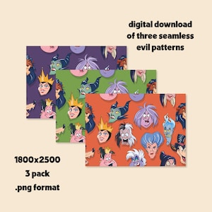 May include: Digital download of three seamless evil patterns. Each pattern features cartoon illustrations of various villains in a repeating design. The patterns are in purple, green, and orange. The image also includes the text "1800x2500", "3 pack", and ".png format."