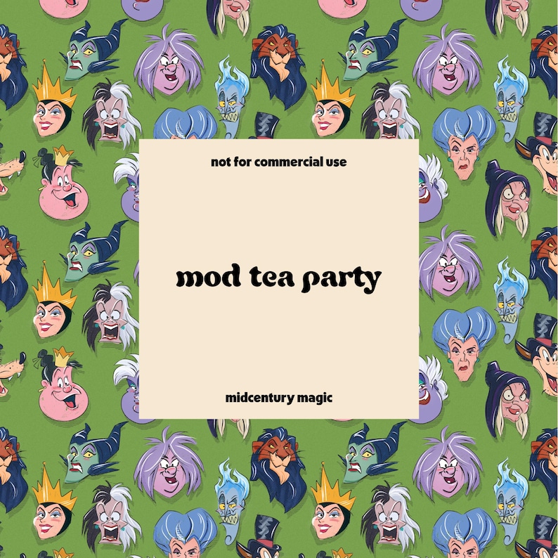 May include: A green background with repeating cartoon character faces. The image includes the text "not for commercial use", "mod tea party", and "midcentury magic" in a cream-colored rectangle.
