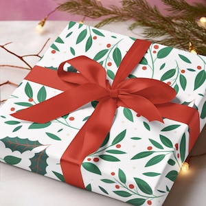 Classic Holly Christmas Wrapping Paper,  Holly Gift Wrap Papers, CottageCore,  Gift Wrap, Green, White, and Red Holly Wrapping Paper