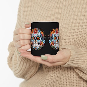 Floral Fiesta Calavera Ceramic Mug (Black), Mexican Folk Art, Halloween, Mexican Art Mug, Sugar Skull Mug, Halloween gift for friend