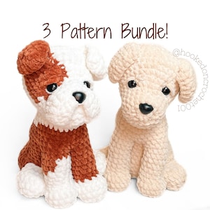 Puede incluir: Un paquete de tres patrones de crochet para perros. Los patrones incluyen un perro marrón y blanco, un perro beige y un perro blanco. Los patrones están disponibles para su compra como descarga digital.