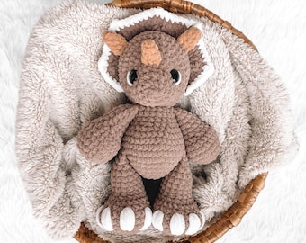 Patrón de dinosaurio a crochet de costura baja Patrón de amigurumi de triceratops Tutorial de crochet DIY Patrones de animales de dinosaurio a crochet Dinosaurio de peluche amigurumi