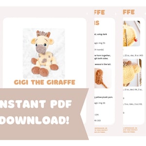 May include: A crochet pattern for a cute giraffe amigurumi toy. The pattern includes instructions for making the giraffe's head, body, legs, and tail. The pattern is written in English and includes photos of the finished product.