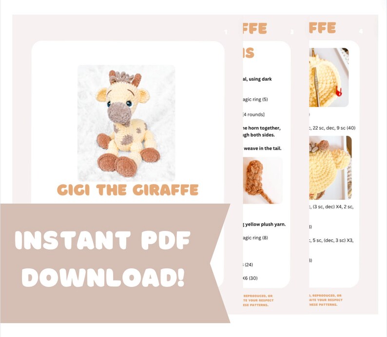 May include: A crochet pattern for a cute giraffe amigurumi toy. The pattern includes instructions for making the giraffe's head, body, legs, and tail. The pattern is written in English and includes photos of the finished product.