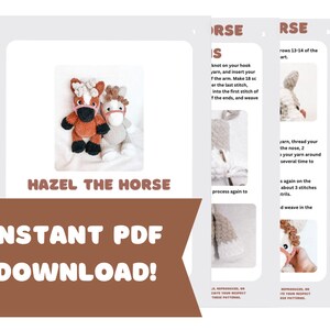 May include: A crochet pattern for making a stuffed horse toy named Hazel. The pattern includes instructions and photos of the finished product. The text on the image reads "Hazel the Horse" and "Instant PDF Download!"