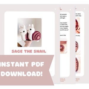 K&ouml;nnte beinhalten: Ein H&auml;kelmuster f&uuml;r ein Amigurumi-Spielzeug in Form einer Schnecke. Das Muster enth&auml;lt Anleitungen zum Herstellen einer wei&szlig;en Schnecke mit einer rosa-wei&szlig;en Schale. Das Muster ist als sofortiger PDF-Download verf&uuml;gbar. Der Text auf dem Bild lautet "Sage the Snail" und "Sofortiger PDF-Download!"