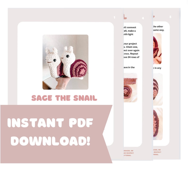 K&ouml;nnte beinhalten: Ein H&auml;kelmuster f&uuml;r ein Amigurumi-Spielzeug in Form einer Schnecke. Das Muster enth&auml;lt Anleitungen zum Herstellen einer wei&szlig;en Schnecke mit einer rosa-wei&szlig;en Schale. Das Muster ist als sofortiger PDF-Download verf&uuml;gbar. Der Text auf dem Bild lautet "Sage the Snail" und "Sofortiger PDF-Download!"