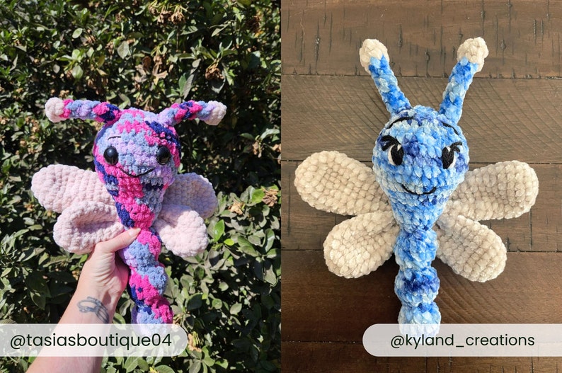 May include: Two crocheted dragonfly plush toys. The left toy features a variegated pink, purple, and blue yarn pattern. The right toy is made of blue and white variegated yarn with solid cream-colored wings. Both have black embroidered eyes and antennae.