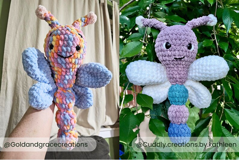 May include: Two handmade crochet dragonfly plush toys. The left one features multicolored yarn in pink, orange, and blue with light blue wings. The right one has a solid mauve body, a teal segment, a blue tail, and white wings. Both have black eyes.