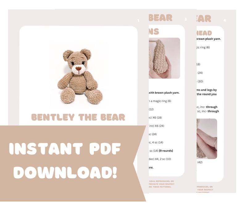 Peut inclure: Un patron de crochet pour un ours en peluche marron nomm&eacute; Bentley. Le patron comprend des instructions pour r&eacute;aliser la t&ecirc;te, les bras et les jambes. Le patron est disponible en t&eacute;l&eacute;chargement instantan&eacute; au format PDF.